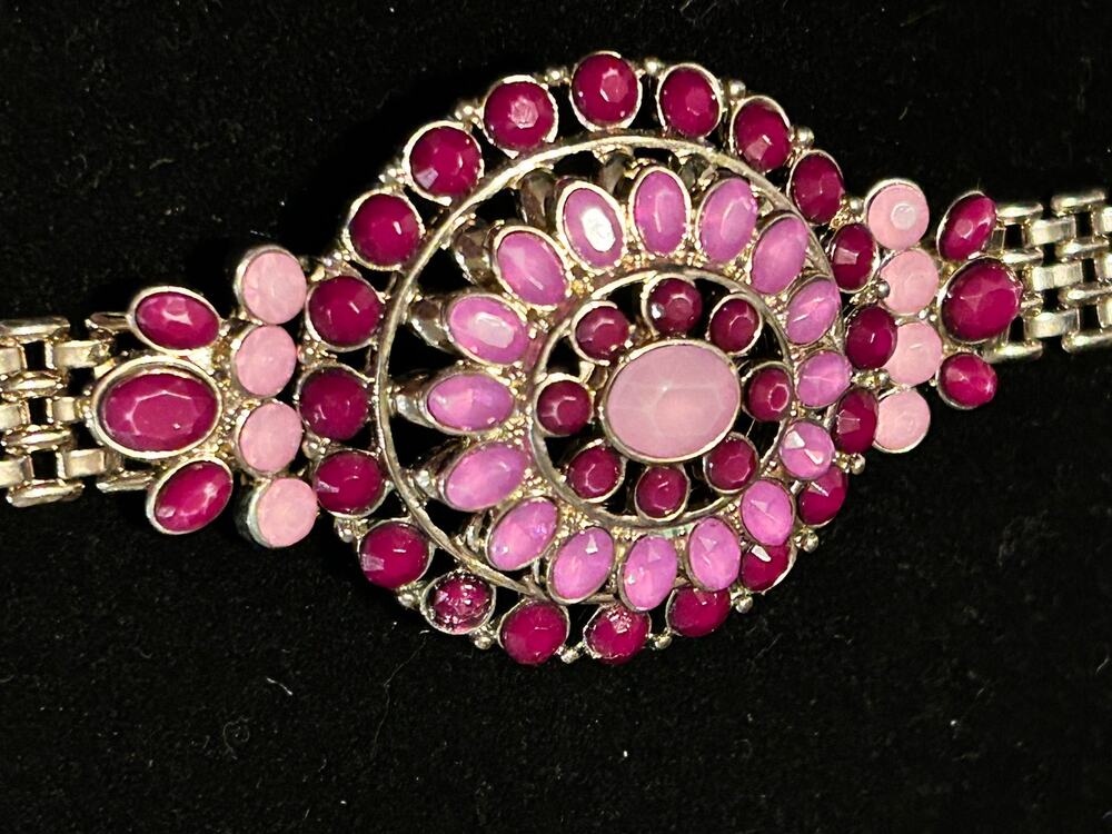 Vintage Silver-tone Purple Spiny Oyster style Cluster Cuff Bracelet - 7"